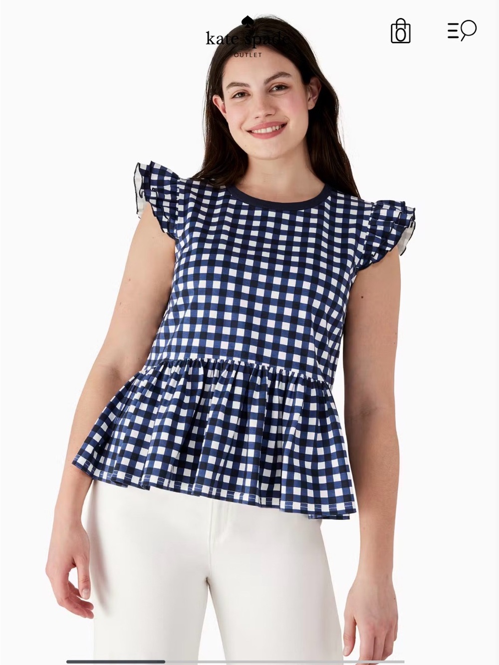Kate Spade New York Gingham Peplum Top –  Navy White Ruffle –  XL